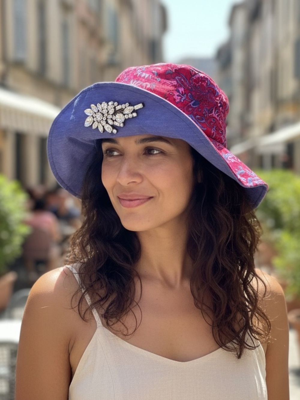 Hattitude by Joanie  Two-Tone Floral Bucket Hat with Crystal Brooch